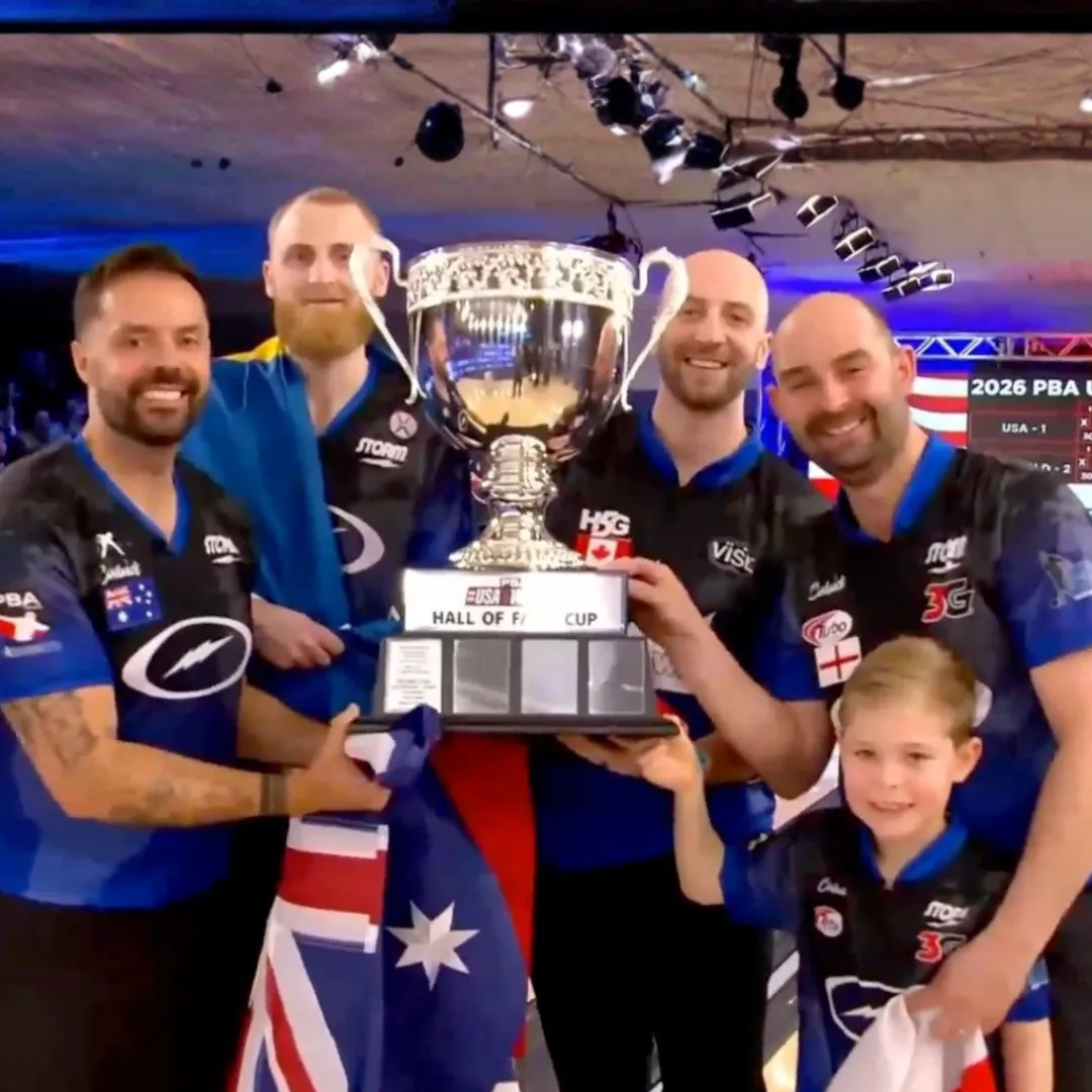Team World lifting the Hall of Fame Cup trophy after winning the 2026 PBA USA vs The World event