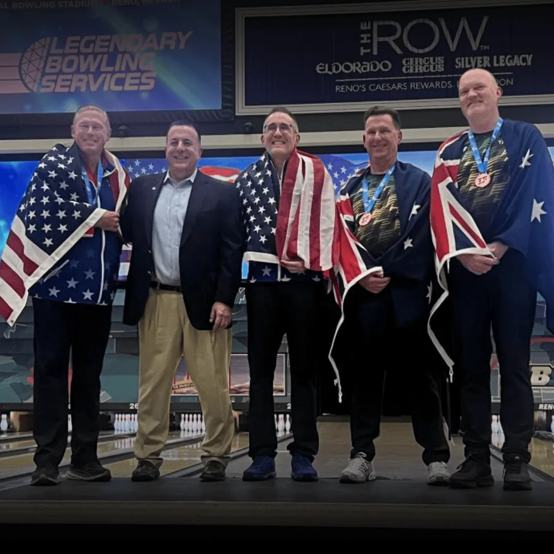 Bowlers celebrating after the Masters Finals at the 2025 World Seniors Championships in Reno