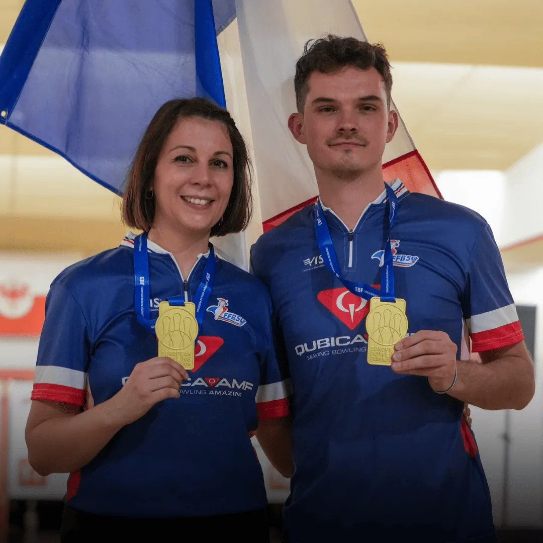 France’s Maxime Dubois and Solene Goron celebrate winning Mixed Doubles gold at the 2025 European Championship of Champions in Vienna.