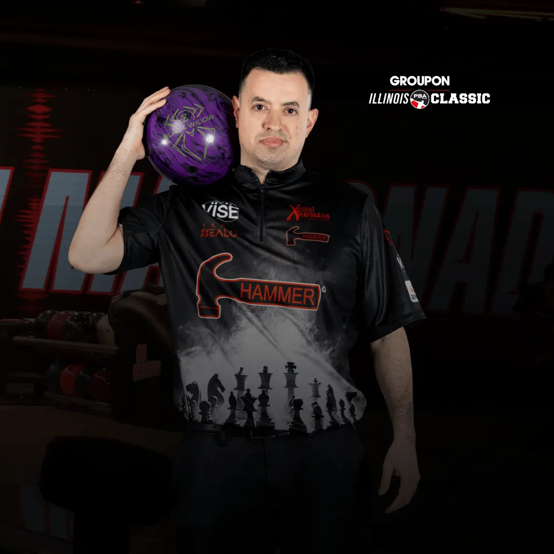 Round 1 qualifying standings at the 2026 PBA Illinois Classic showing Boog Krol leading overall and Shawn Maldonado topping Squad B.