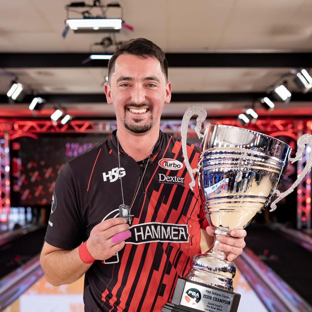 Marshall Kent holding the PBA Indiana Classic trophy after his record-breaking 152-136 victory at David Small’s Pro Bowl West.
