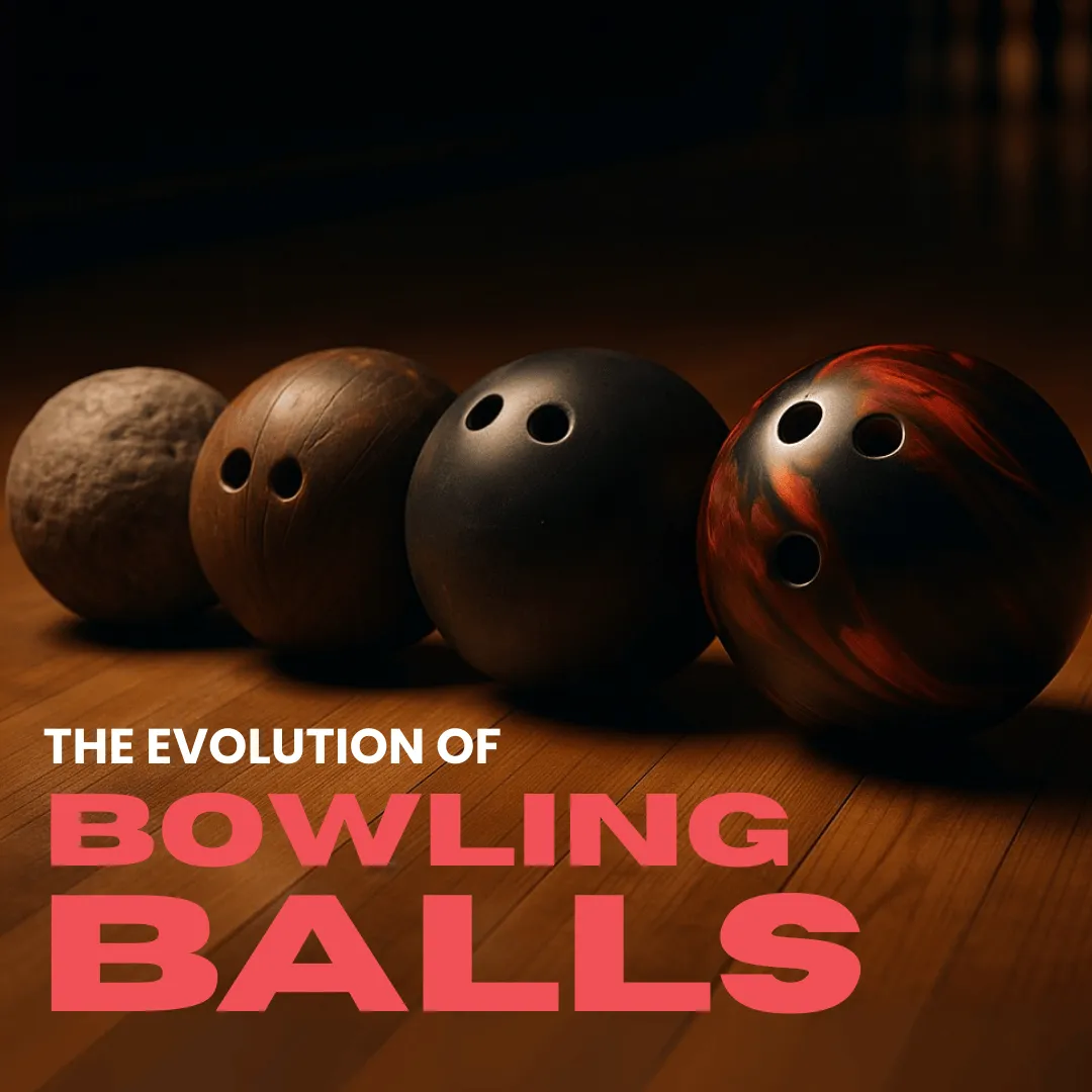 Timeline collage showing the History of bowling balls from ancient stone to modern reactive resin designs