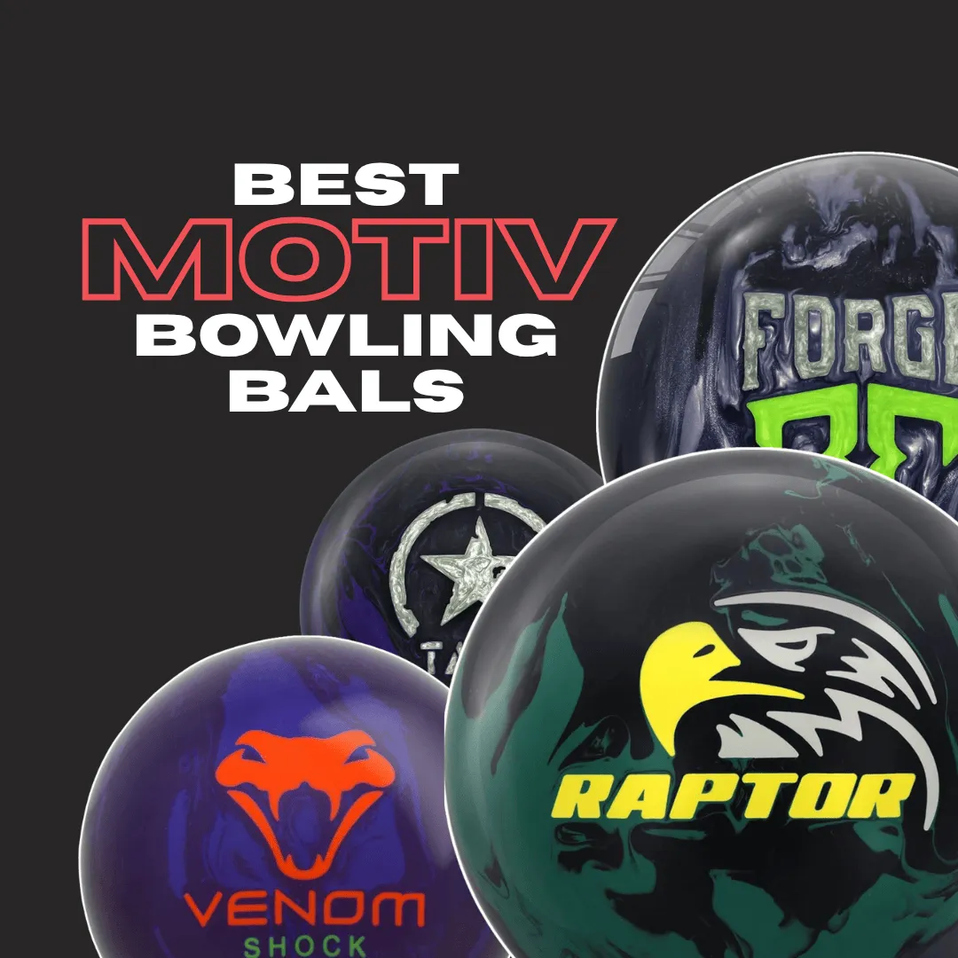 Graphic showing best Motiv bowling balls including Raptor Reign, Shadow Tank, Steel Forge, and Primal Ghost with bold title text Best Motiv Bowling Balls.