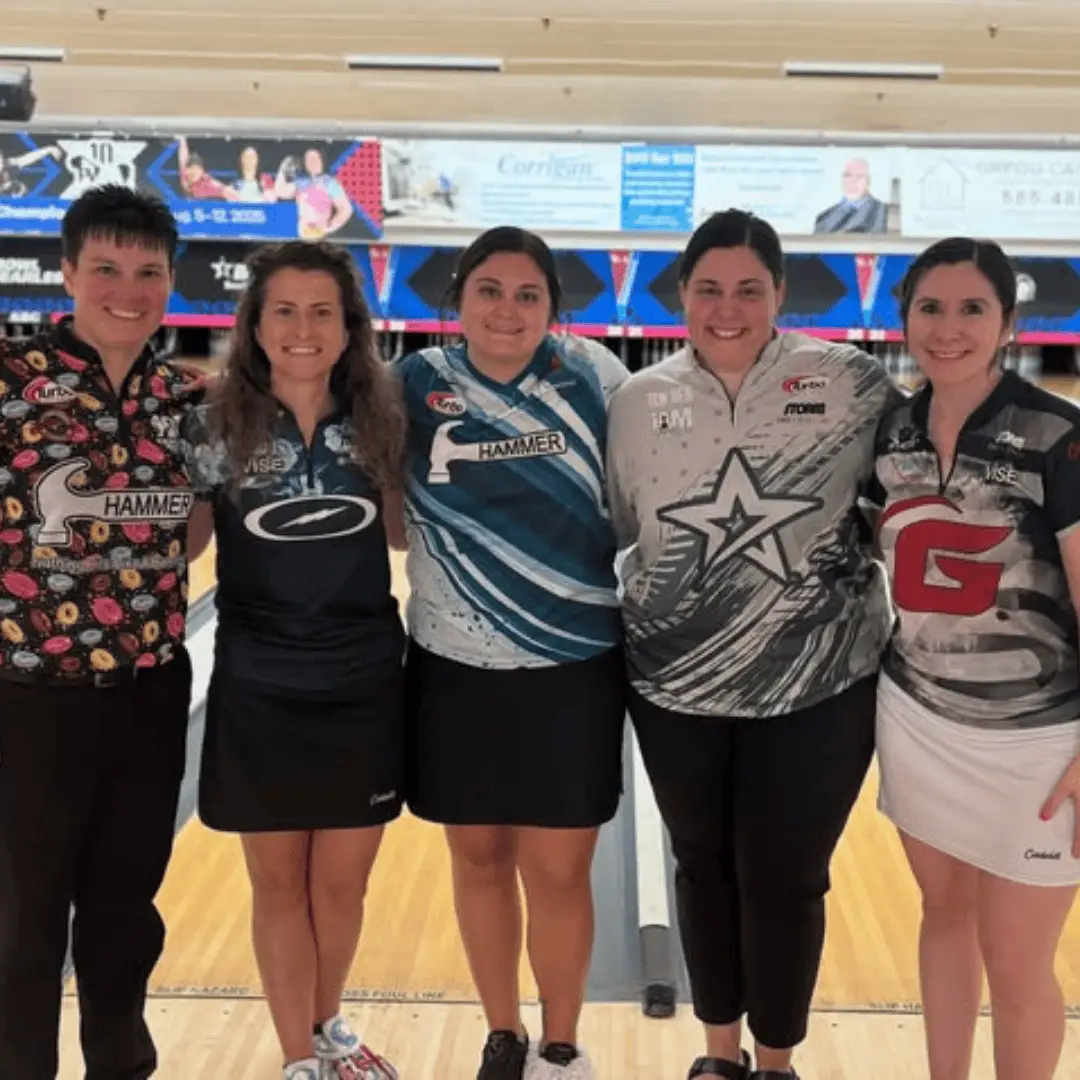 The five stepladder finalists for the 2025 PWBA Tour Championship standing at ABC Gates Bowl in Rochester, New York.