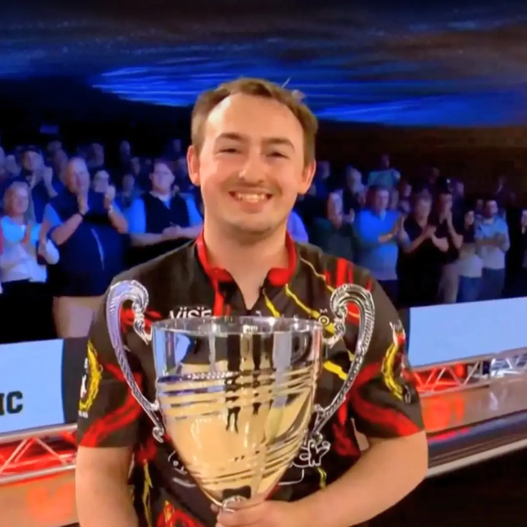 Spencer Robarge holding the trophy after winning the 2026 PBA Ohio Classic stepladder finals