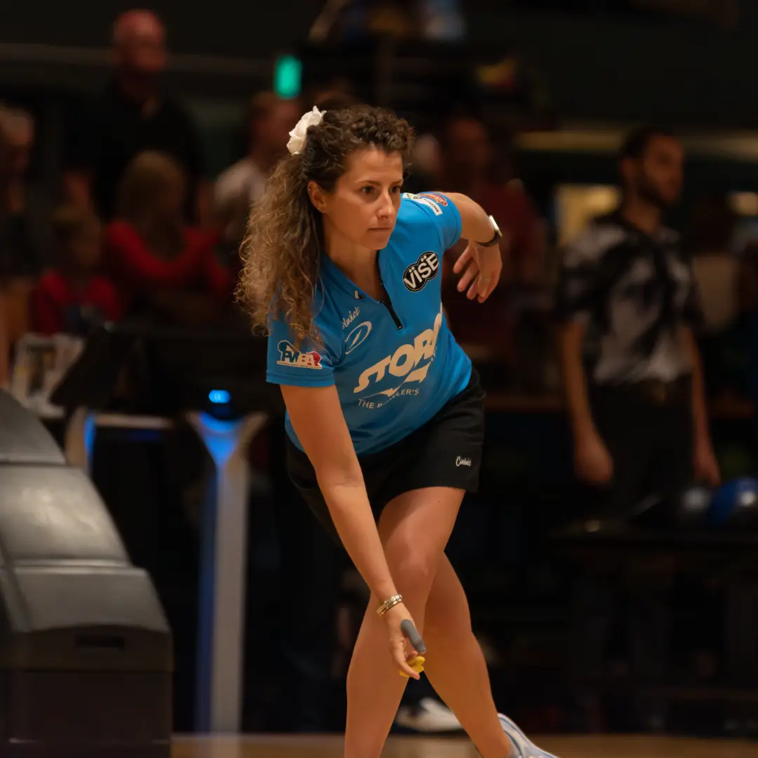 Verity Crawley delivers a shot during the PWBA Tour Championship match play at ABC Gates Bowl in Rochester, New York.