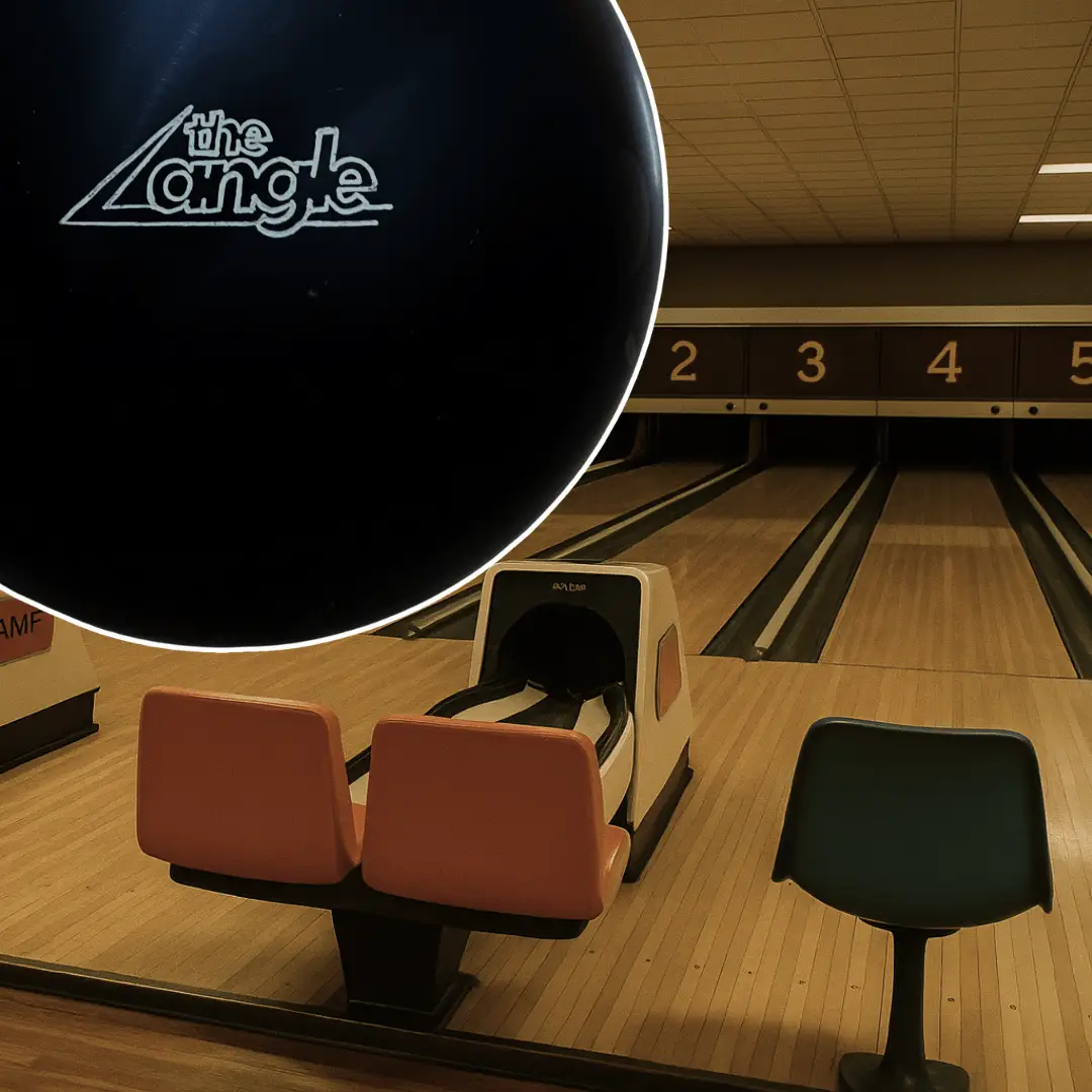 AMF Angle bowling ball in front of a vintage bowling alley with no pins, highlighting the 1981 attempt to ban urethane.