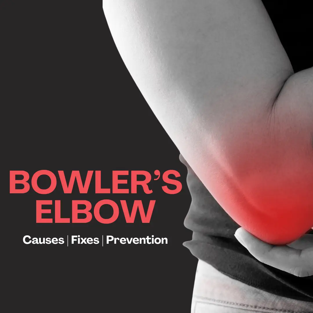Informational graphic showing bowler’s elbow with an inflamed red-highlighted elbow and text summarizing causes, treatment, and prevention on a dark background