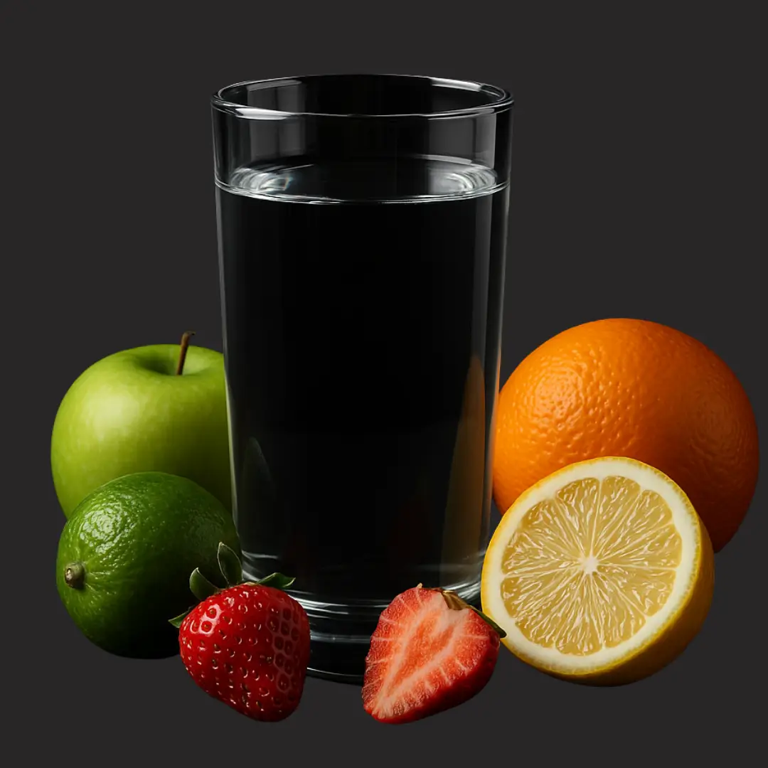 A clear glass of water surrounded by fresh fruits including lemon, orange, lime, strawberry, and green apple, set against a black background.