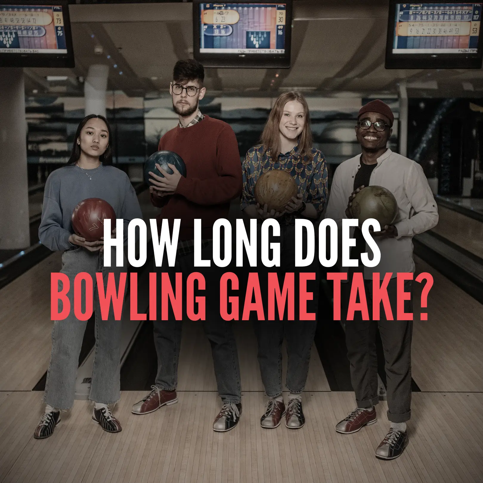 Four bowlers sharing a lane during a game of tenpin bowling