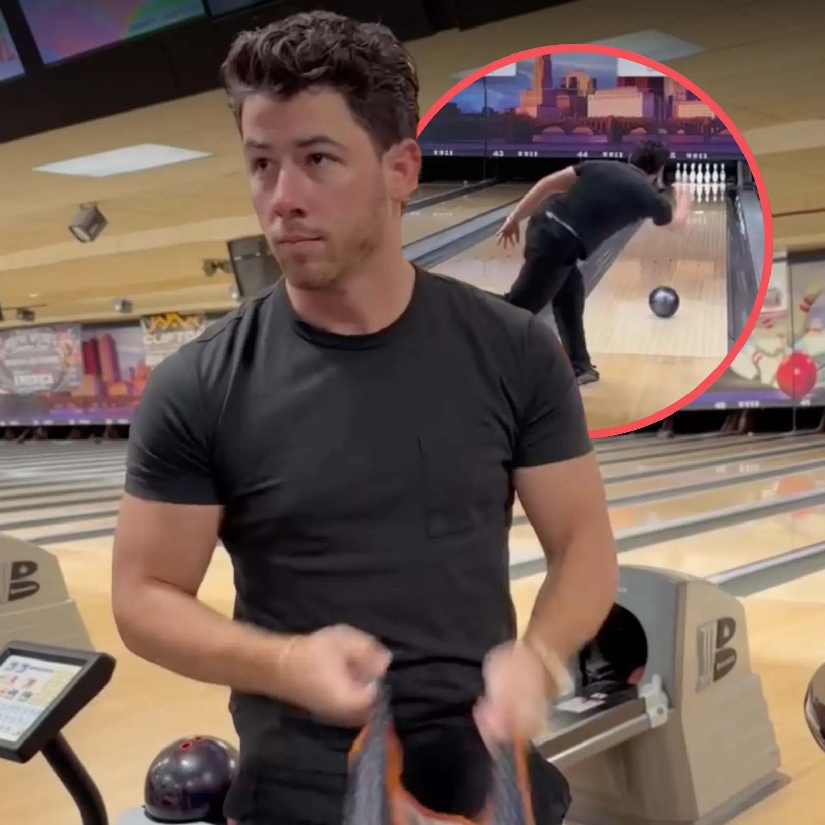 Nick Jonas bowling at a bowling center in Ohio, from his Instagram reel