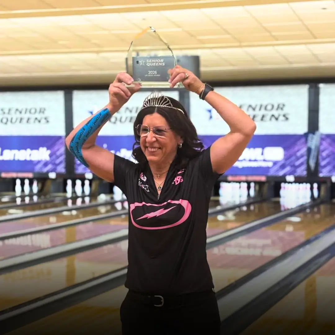 Liz Johnson celebrating USBC Senior Queens 2026 victory in Las Vegas