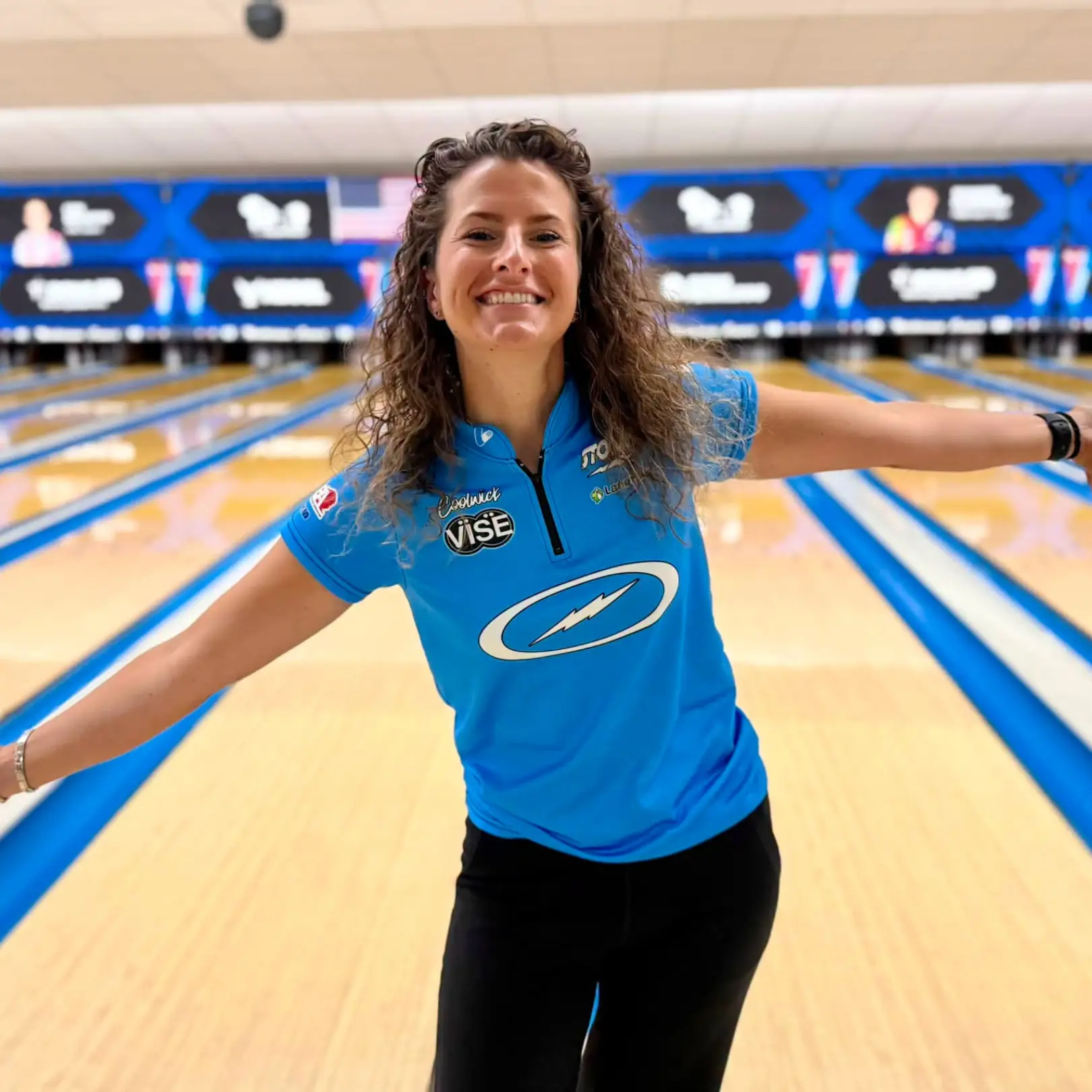 Verity Crawley outside Yorktown Lanes in Ohio after returning to the PWBA Tour following a right shin stress fracture
