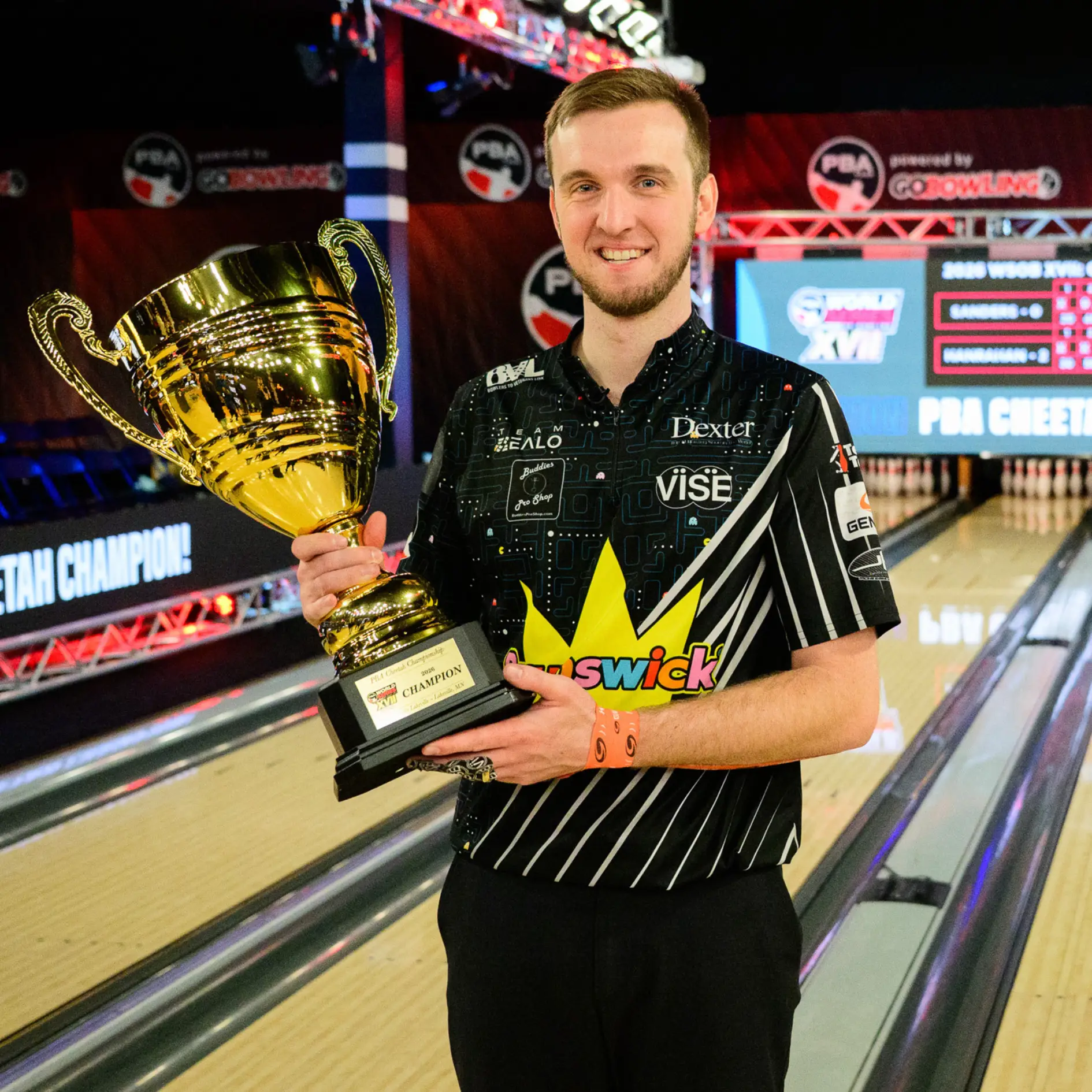 Packy Hanrahan holding PBA Cheetah Championship tropy at the finals at WSOB XVII