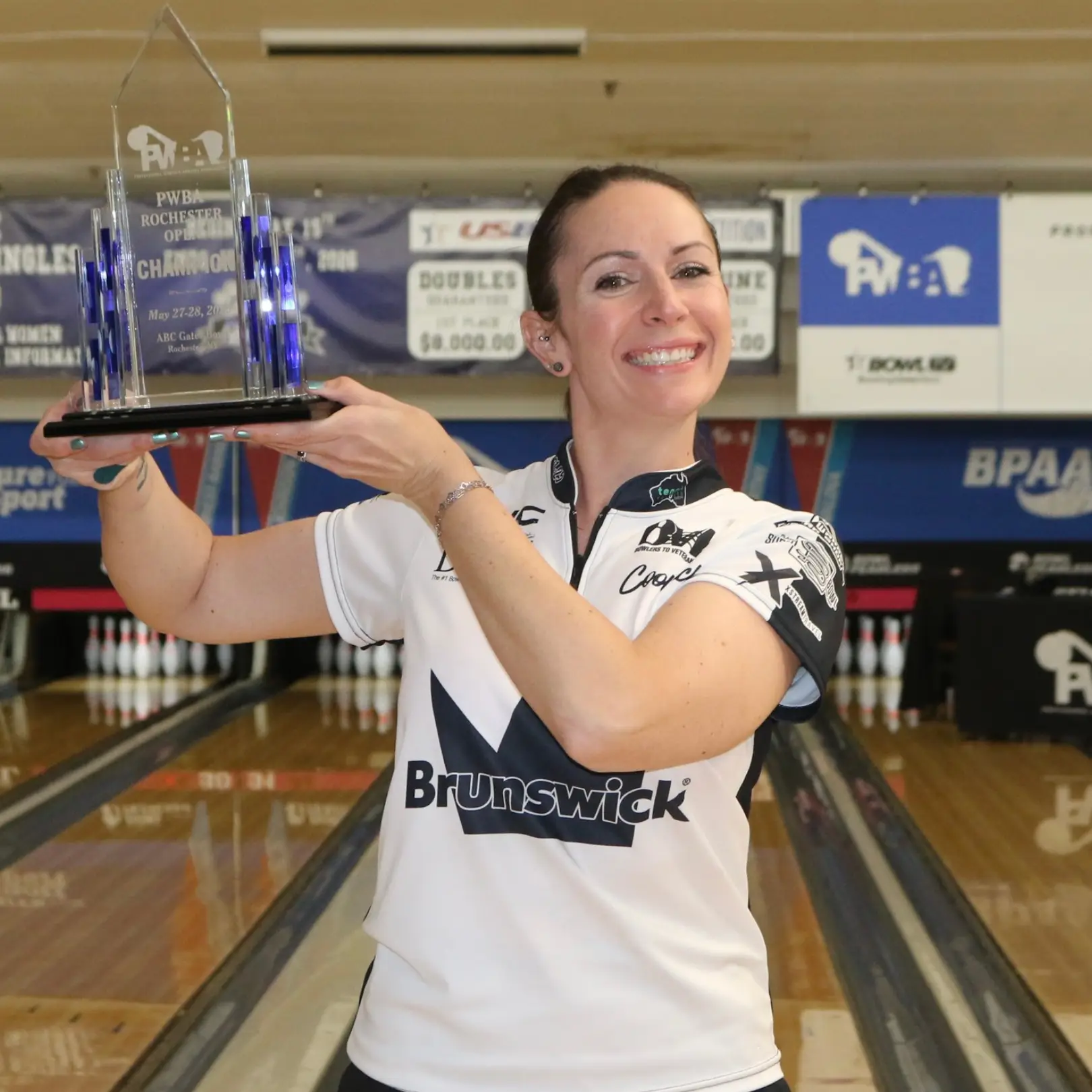 Stefanie Johnson competing during her 2026 PWBA Rochester Open title run at ABC Gates Bowl in Rochester