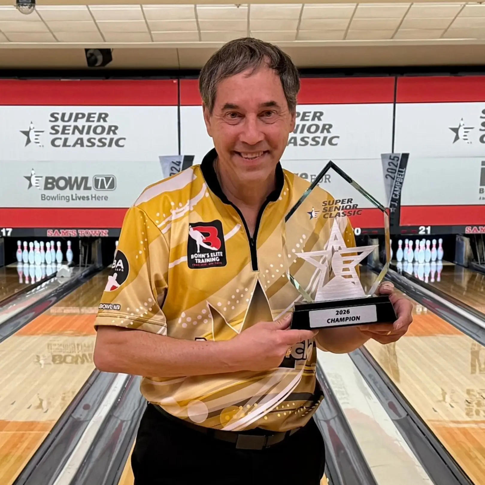 Parker Bohn III celebrating his 2026 USBC Super Senior Classic win at Sam’s Town Bowling Center