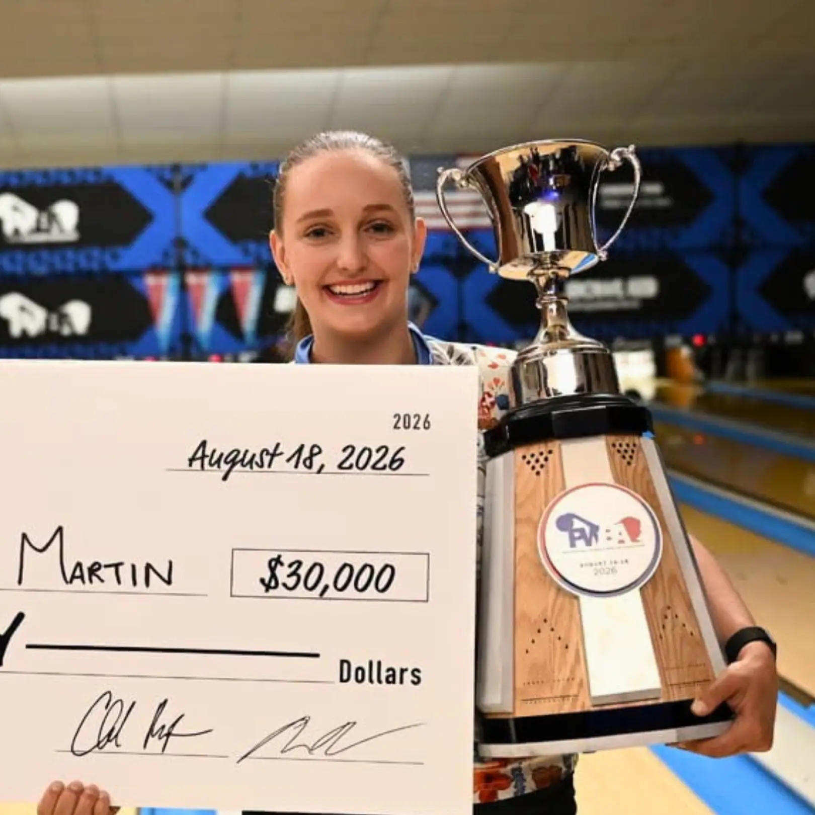 Jillian Martin celebrates winning the 2026 PWBA Tour Championship and completing the PWBA Triple Crown
